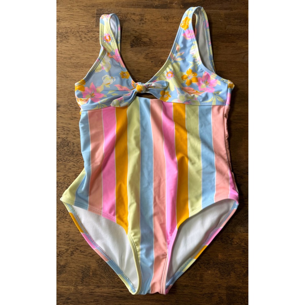 Kids Multi Color Floral Striped Tie Front One Piece Swimsuit Pastel Orange Blue